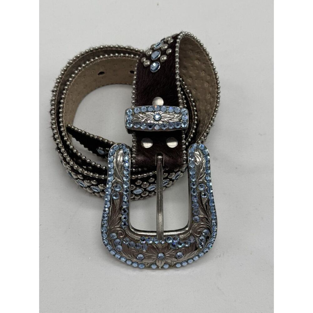 b. b. Simon Brown Leather/ horse hair Swarovski Crystal Belt Sz XL 43” Long Y2K
